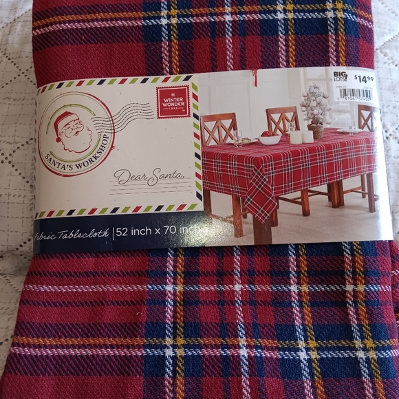 Christmas Santa Workshop Plaid Tablecloth 52 x 70 Rectangle Red Blue Yellow - Picture 1 of 8
